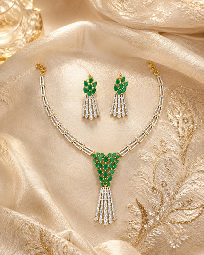 FeelOri emerald-tone necklace set with matching earrings pendant and gold-polished detail