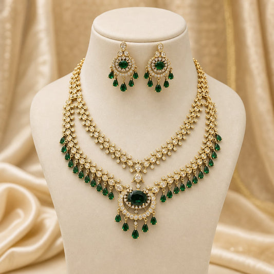 FeelOri Emerald AD/CZ Vine Necklace Set for Sarees with matching earrings, front view