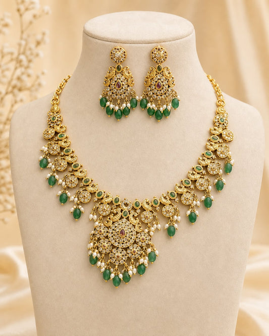 FeelOri Emerald Layered Teardrop AD/CZ Necklace Set with matching earrings, front view