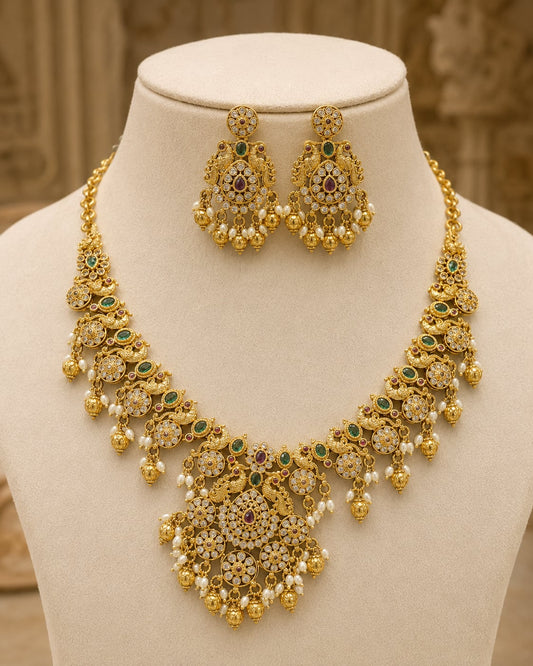 FeelOri Emerald Peacock AD/CZ Necklace Set for Sarees with matching earrings, front view