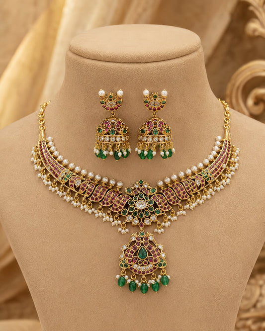 FeelOri Emerald Crescent Jhumka Necklace Set for Sarees and Receptions with matching earrings, front view
