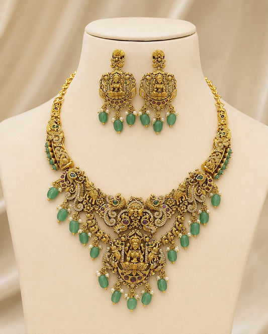 FeelOri Emerald Temple Choker Necklace Set for Pattu Sarees with matching earrings, front view