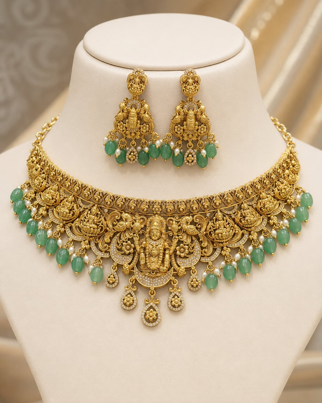 FeelOri emerald-tone necklace set with matching earrings on jewellery display