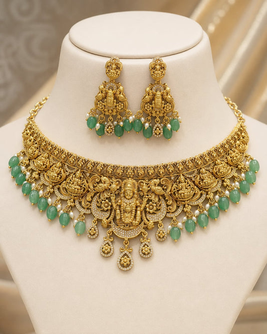 FeelOri Emerald Lakshmi Collar Necklace Set for Pattu Sarees with matching earrings, front view
