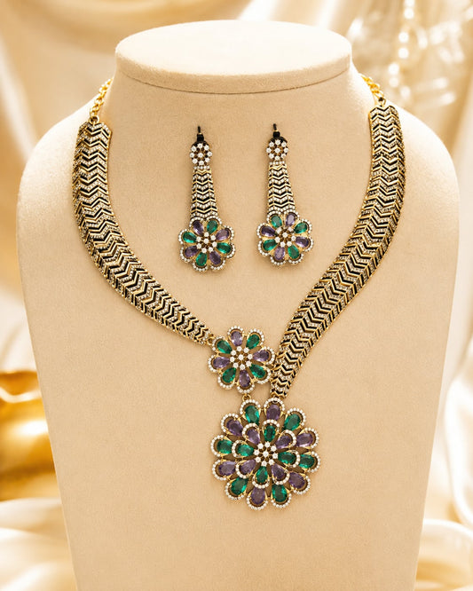FeelOri Emerald AD/CZ Floral Drop Necklace Set for Receptions with matching earrings, front view