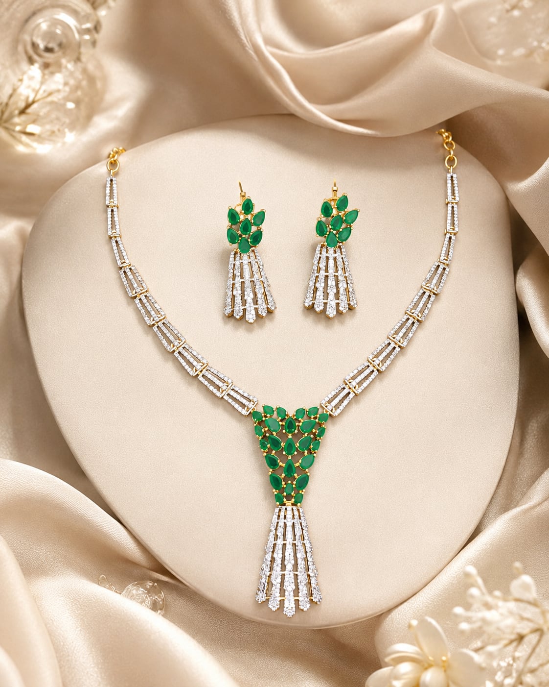 FeelOri emerald-tone necklace set with matching earrings on jewellery display