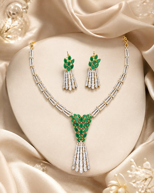 FeelOri Emerald AD/CZ Tassel Necklace Set for Receptions with matching earrings, front view