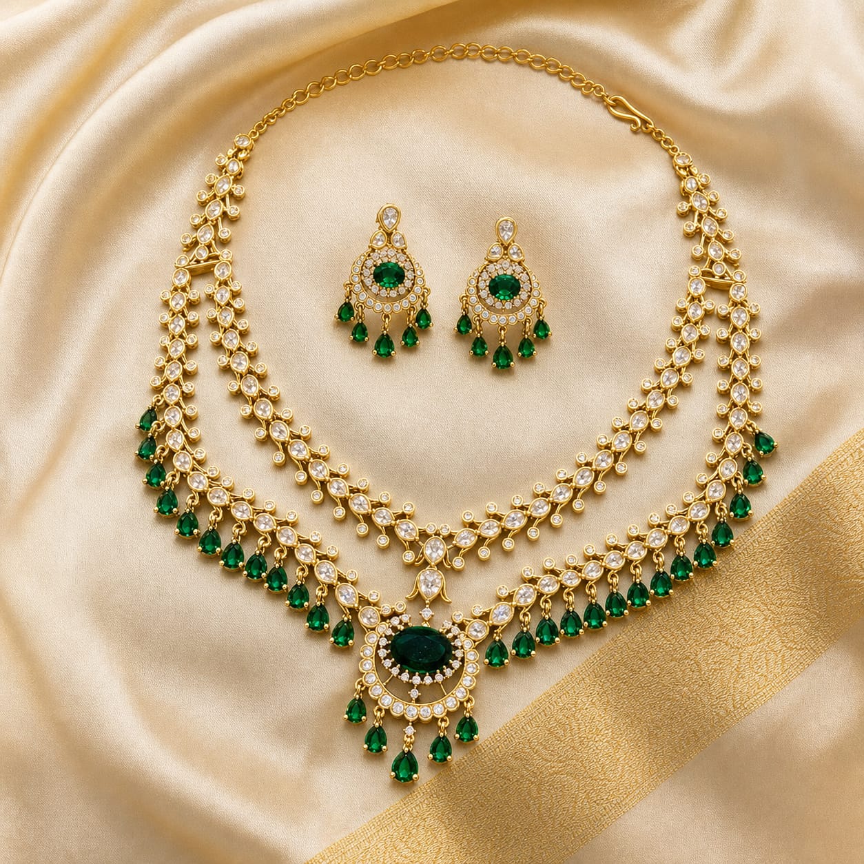FeelOri emerald-tone necklace set with matching earrings for sarees and festive styling