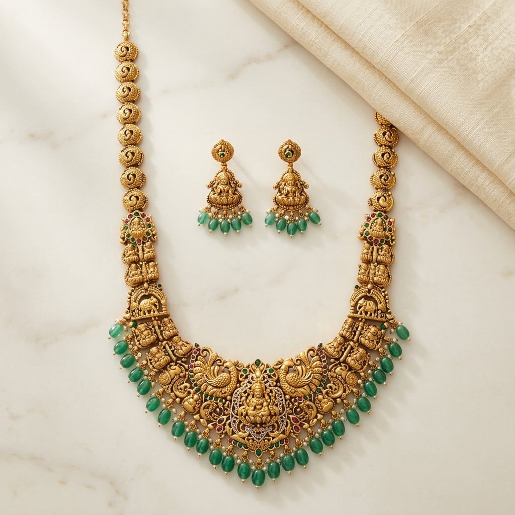 FeelOri emerald-tone necklace set with matching earrings for sarees and festive styling