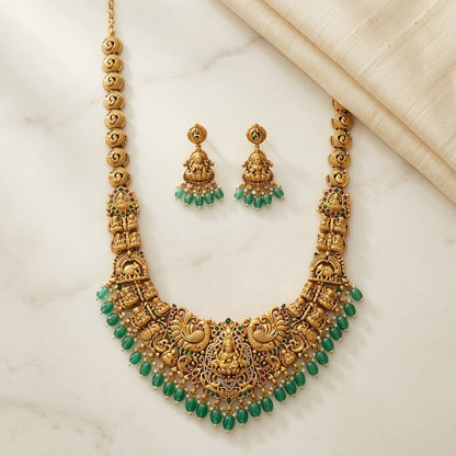 FeelOri emerald-tone necklace set with matching earrings for sarees and festive styling