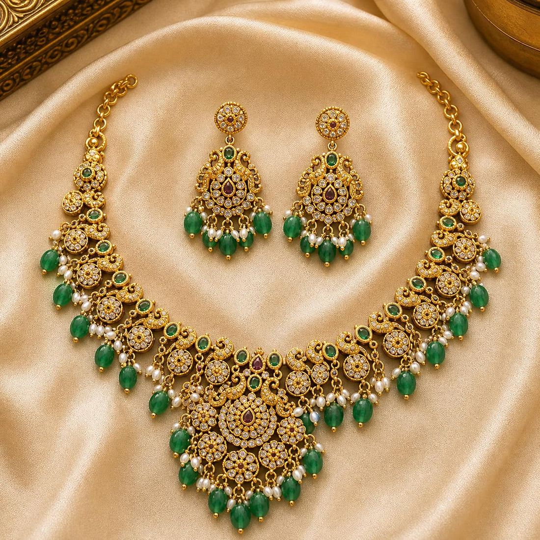 FeelOri Emerald Layered Teardrop AD/CZ Necklace Set with matching earrings, festive styling view