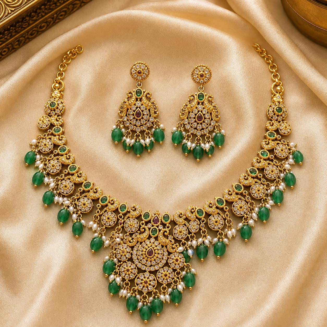 FeelOri emerald-tone necklace set with matching earrings for sarees and festive styling