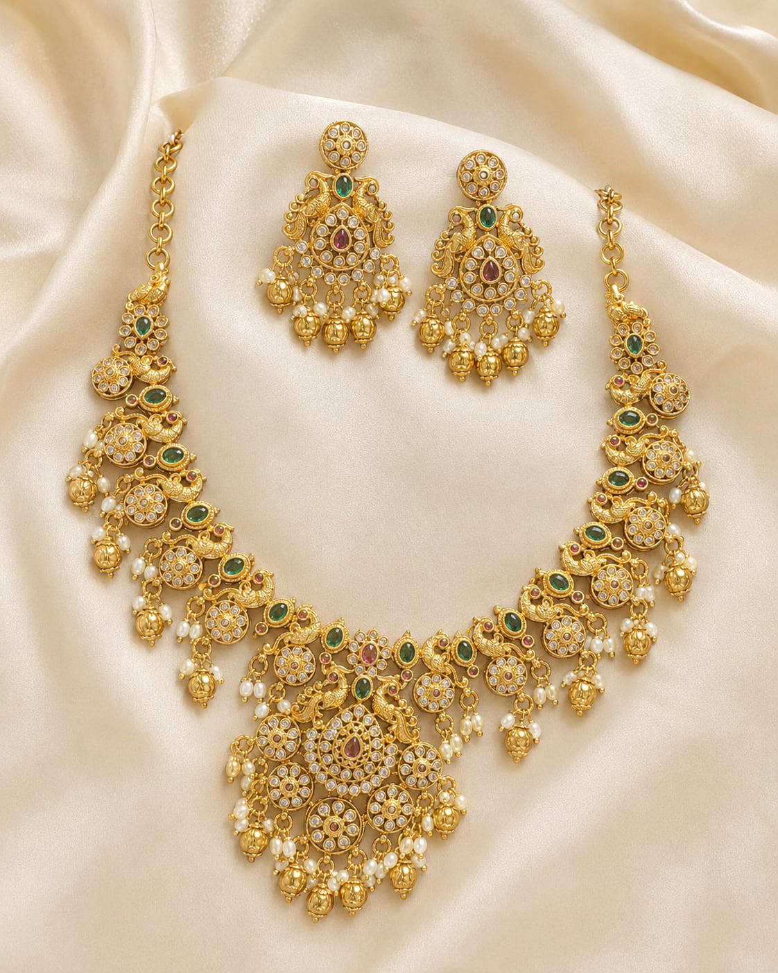 FeelOri emerald-tone necklace set with matching earrings for sarees and festive styling
