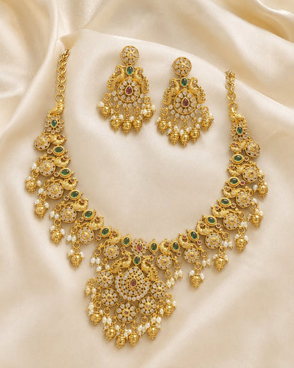 FeelOri emerald-tone necklace set with matching earrings for sarees and festive styling