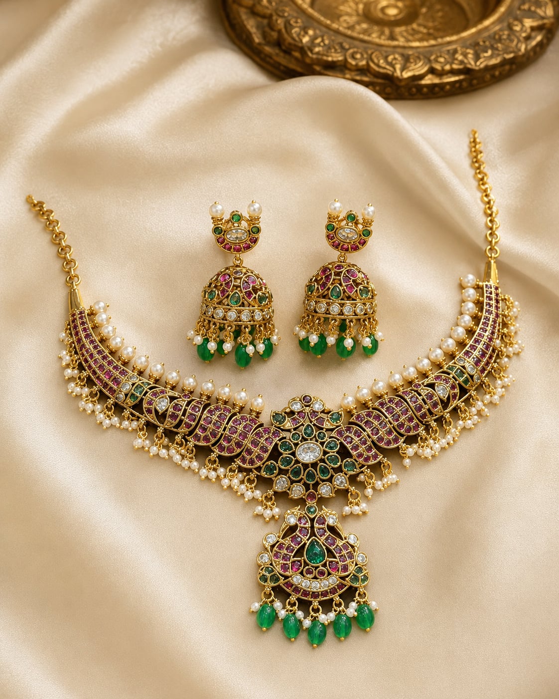 FeelOri emerald-tone necklace set with matching earrings for sarees and festive styling