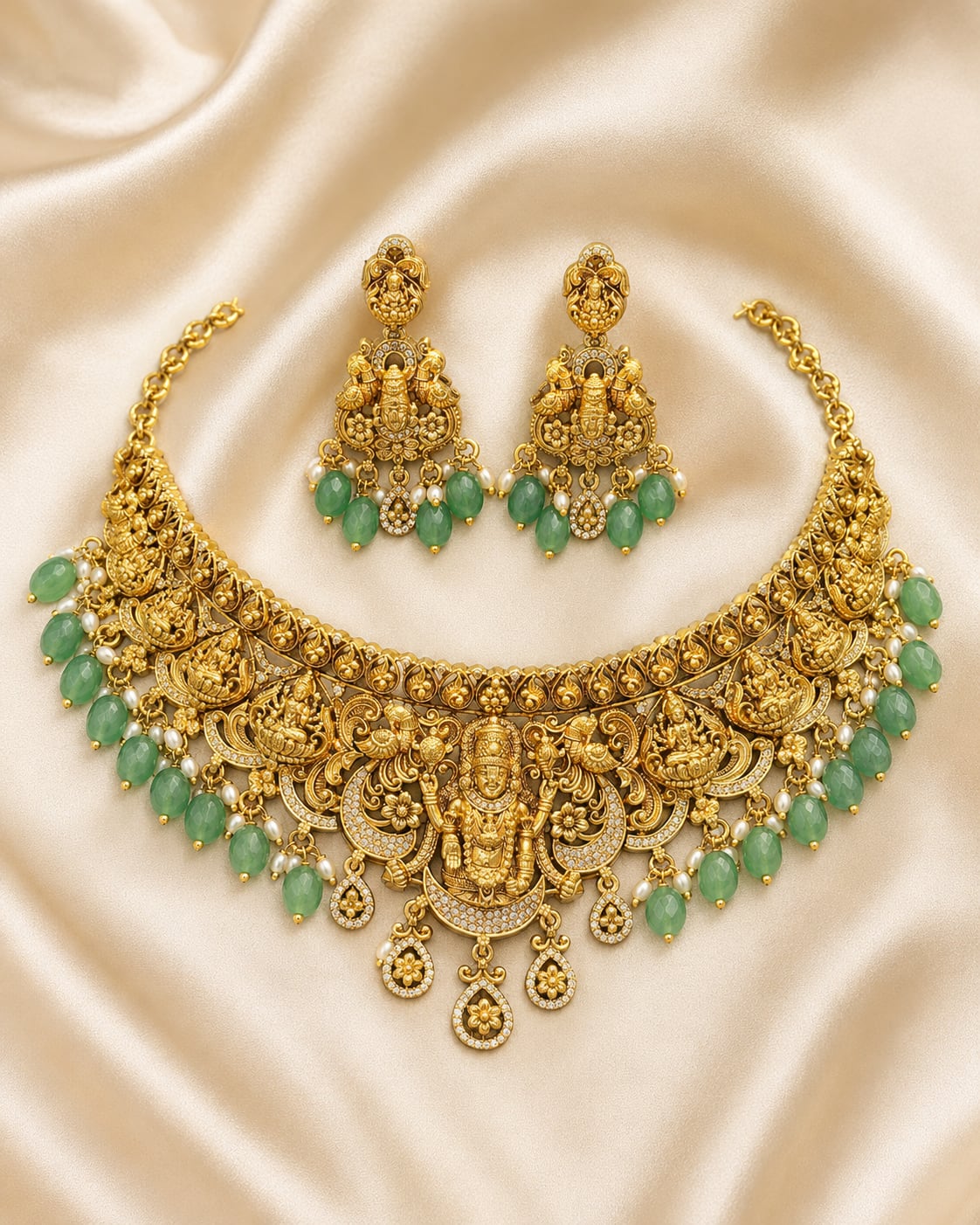 FeelOri emerald-tone necklace set with matching earrings for sarees and festive styling