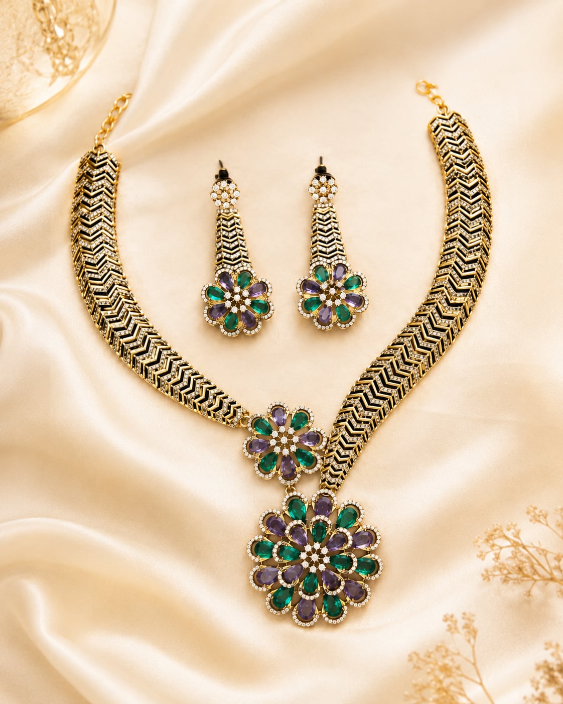 FeelOri emerald-tone necklace set with matching earrings for sarees and festive styling