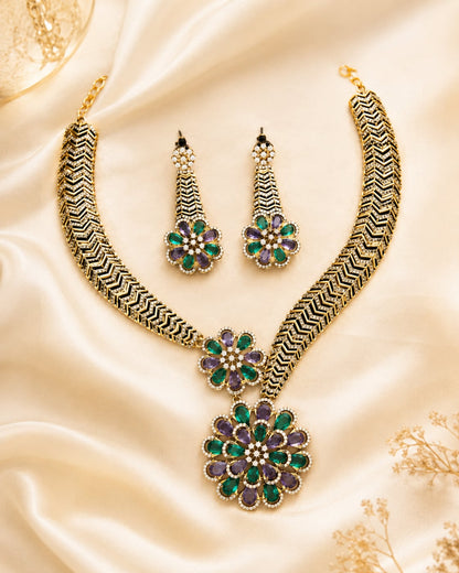 FeelOri emerald-tone necklace set with matching earrings for sarees and festive styling