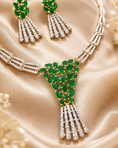 FeelOri emerald-tone necklace set with matching earrings for sarees and festive styling