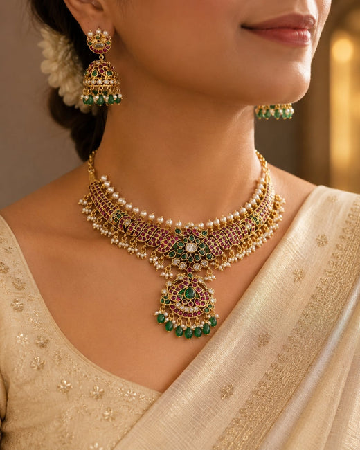 FeelOri Emerald Crescent Jhumka Necklace Set for Sarees and Receptions with matching earrings, jewellery display view