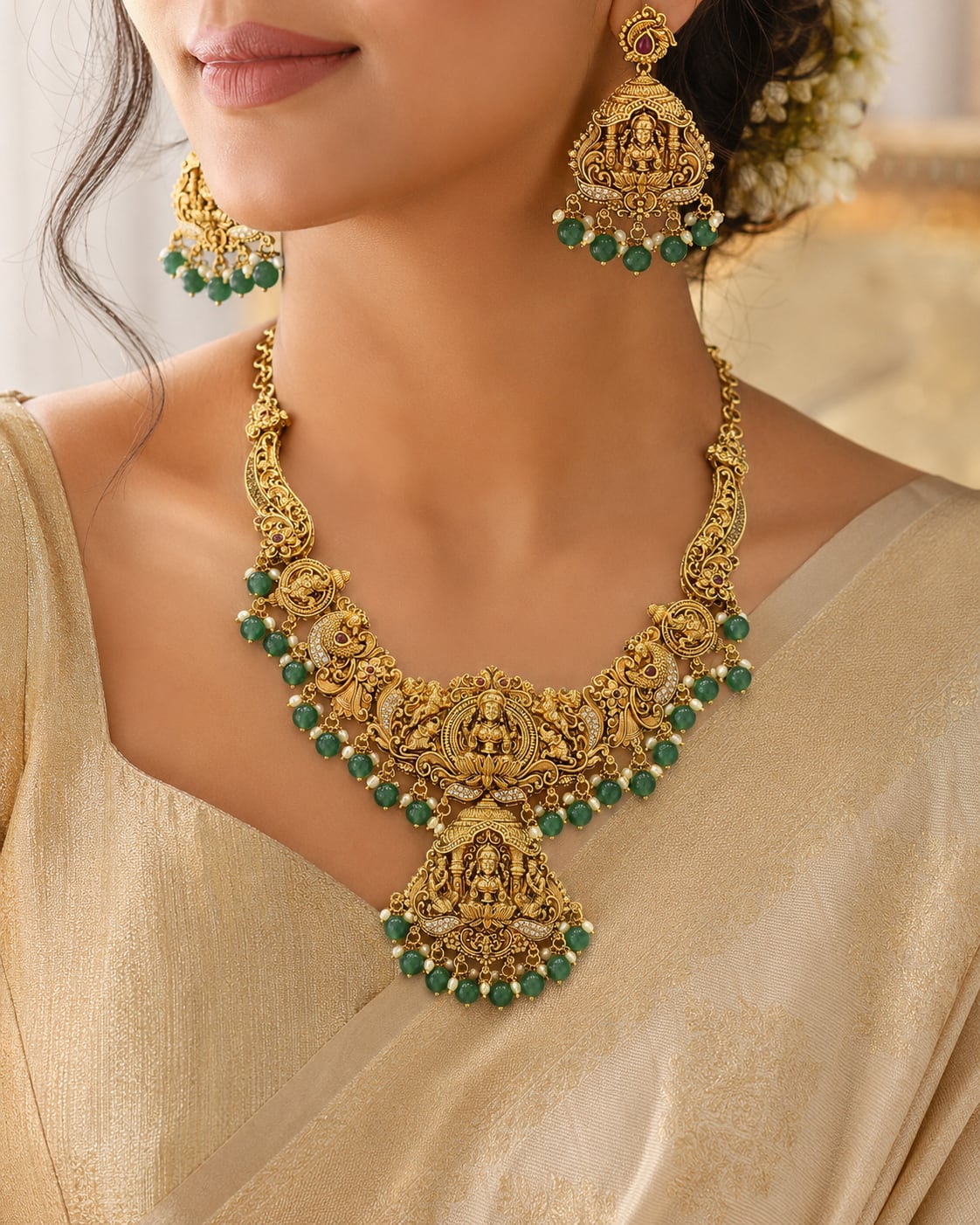 FeelOri emerald-tone necklace set with matching earrings styled with Indian occasion wear