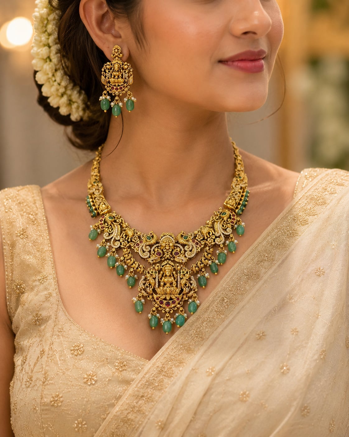 FeelOri emerald-tone necklace set with matching earrings styled with Indian occasion wear