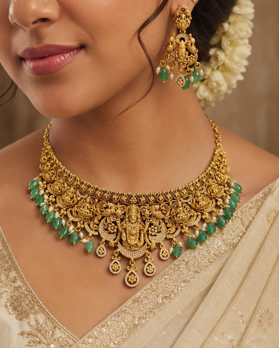 FeelOri emerald-tone necklace set with matching earrings styled with Indian occasion wear