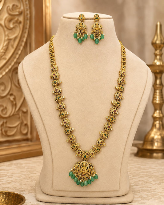 FeelOri Emerald Lakshmi Pendant Necklace Set for Pattu Sarees with matching earrings, front view