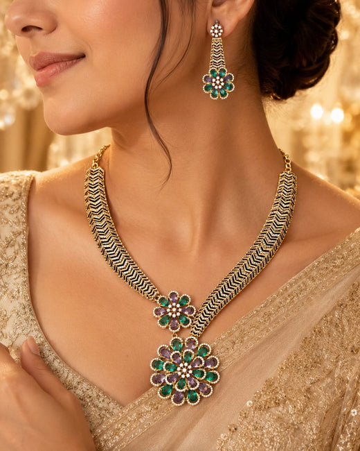FeelOri Emerald AD/CZ Floral Drop Necklace Set for Receptions with matching earrings, jewellery display view