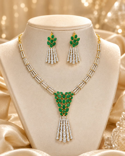 FeelOri Emerald AD/CZ Tassel Necklace Set for Receptions with matching earrings, jewellery display view