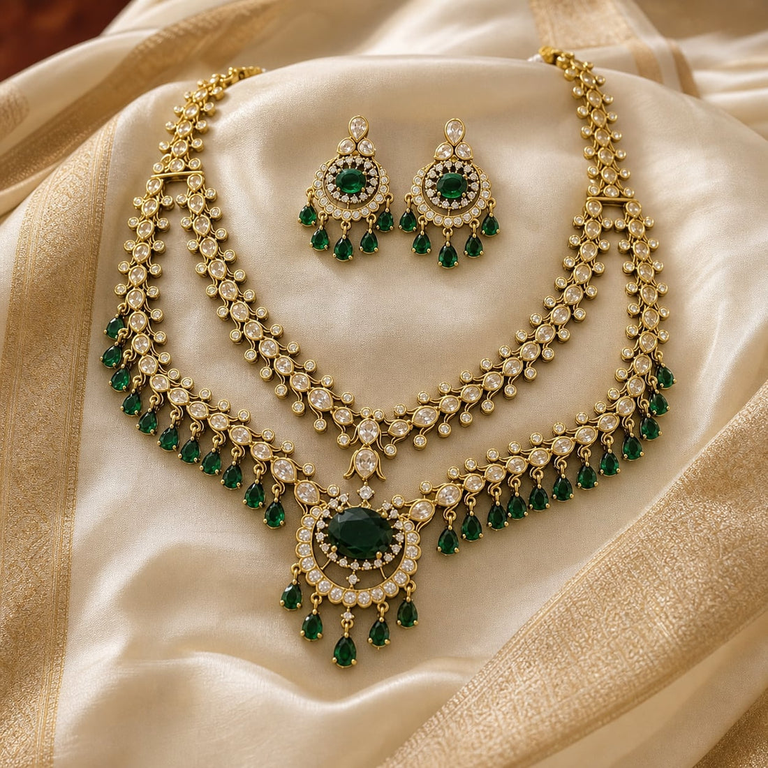 FeelOri Emerald AD/CZ Vine Necklace Set for Sarees with matching earrings, detail view