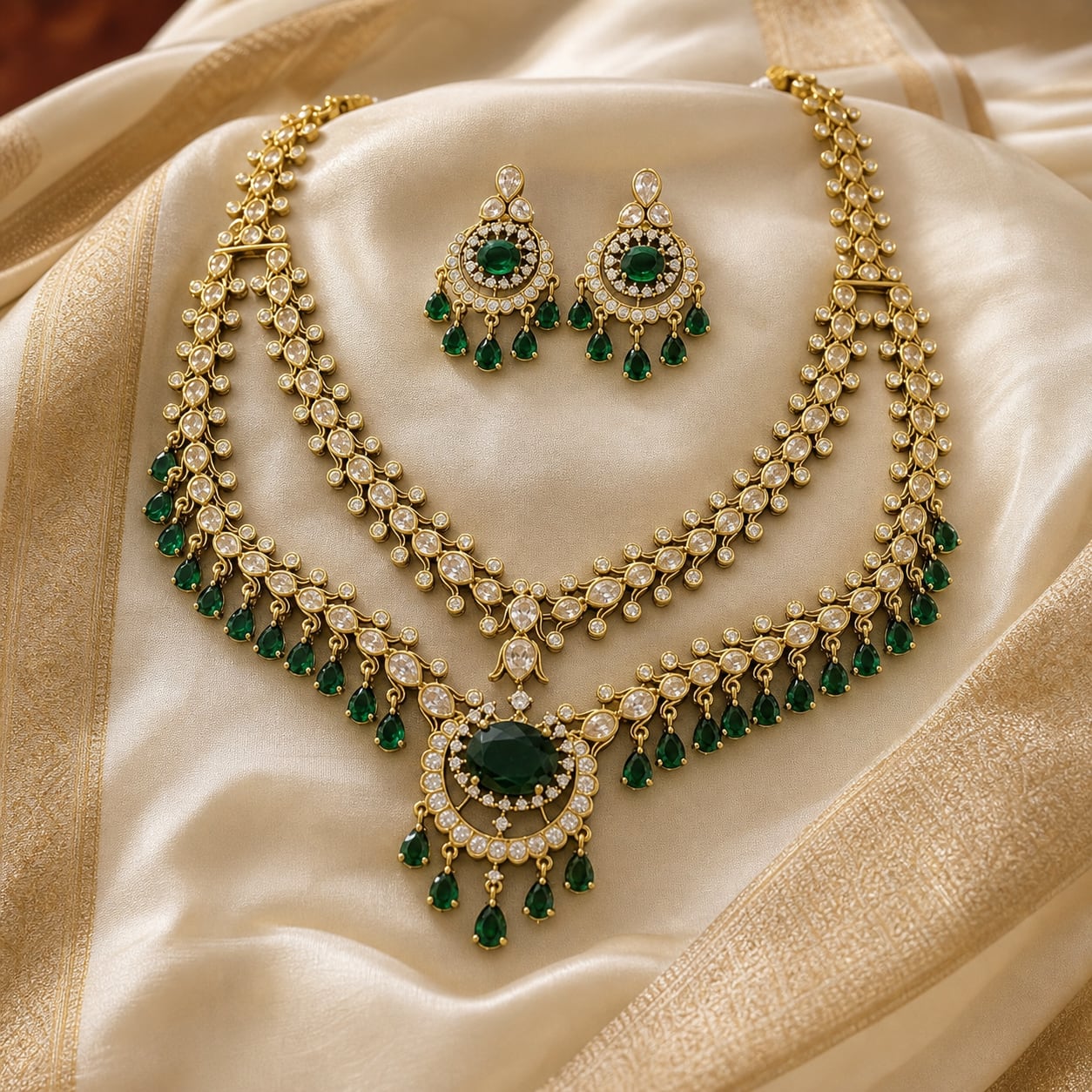 FeelOri emerald-tone necklace set with matching earrings styled with saree fabric for Indian occasion wear