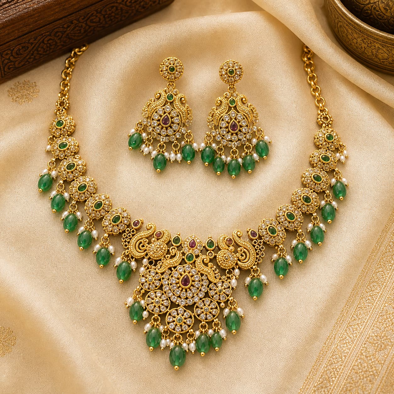 FeelOri emerald-tone necklace set with matching earrings styled with saree fabric for Indian occasion wear