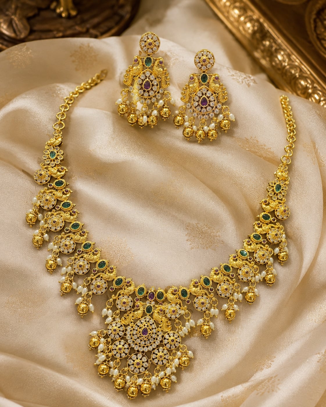 FeelOri emerald-tone necklace set with matching earrings styled with saree fabric for Indian occasion wear