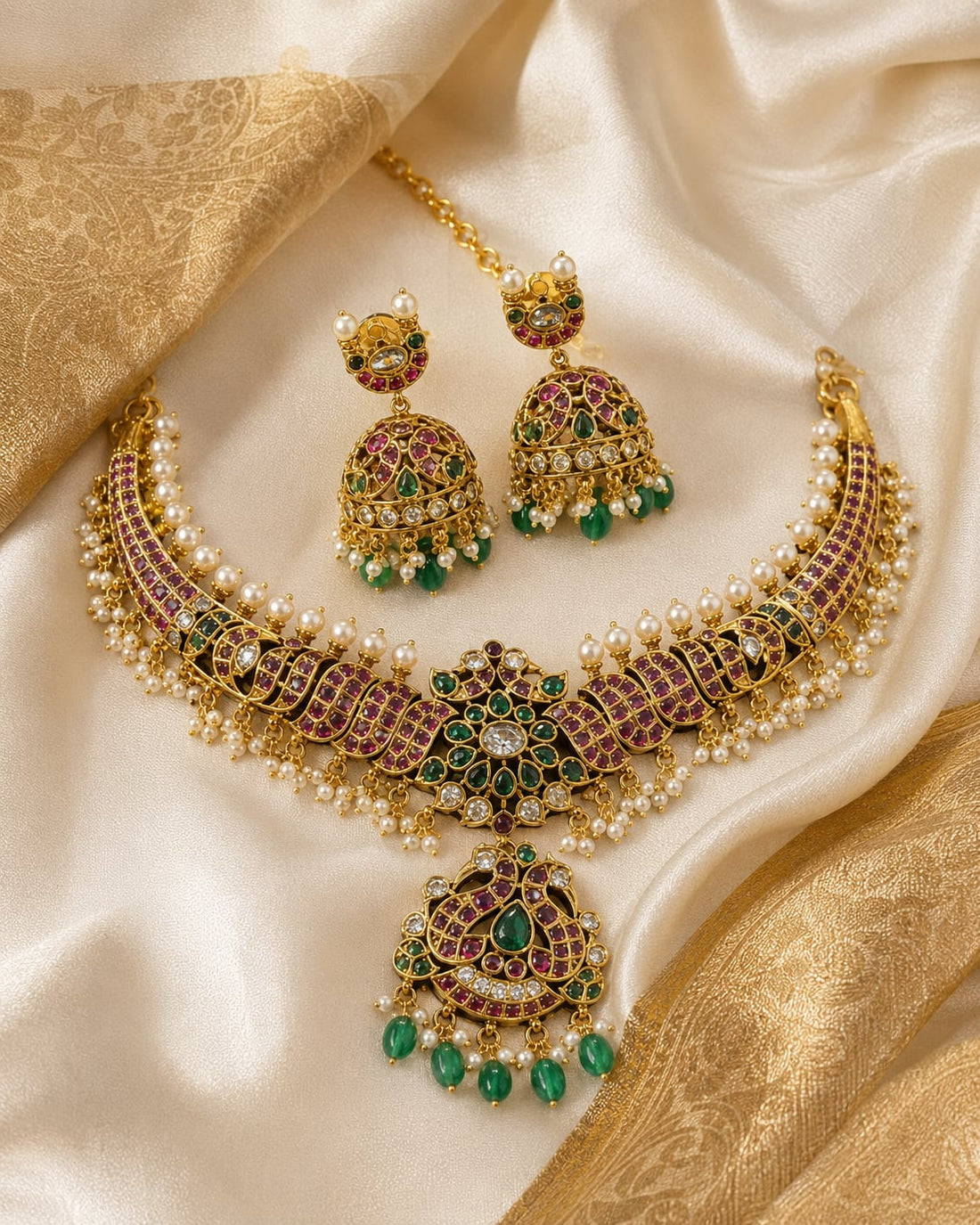 FeelOri Emerald Crescent Jhumka Necklace Set for Sarees and Receptions with matching earrings, detail view