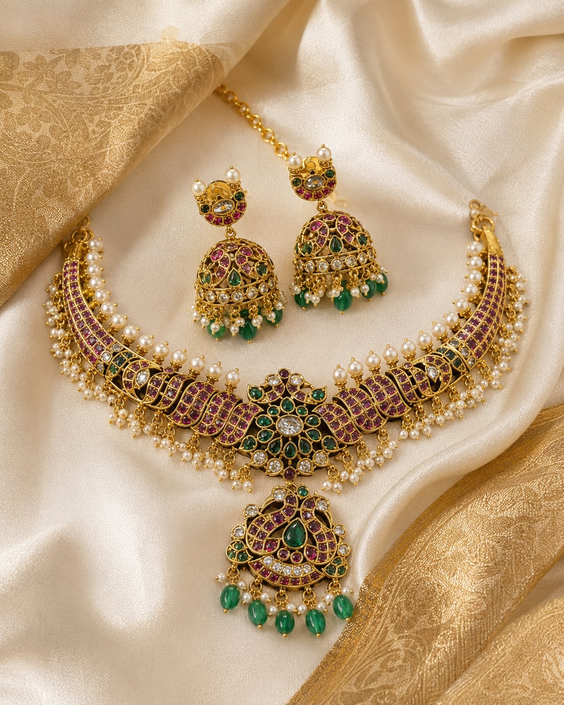 FeelOri emerald-tone necklace set with matching earrings styled with saree fabric for Indian occasion wear