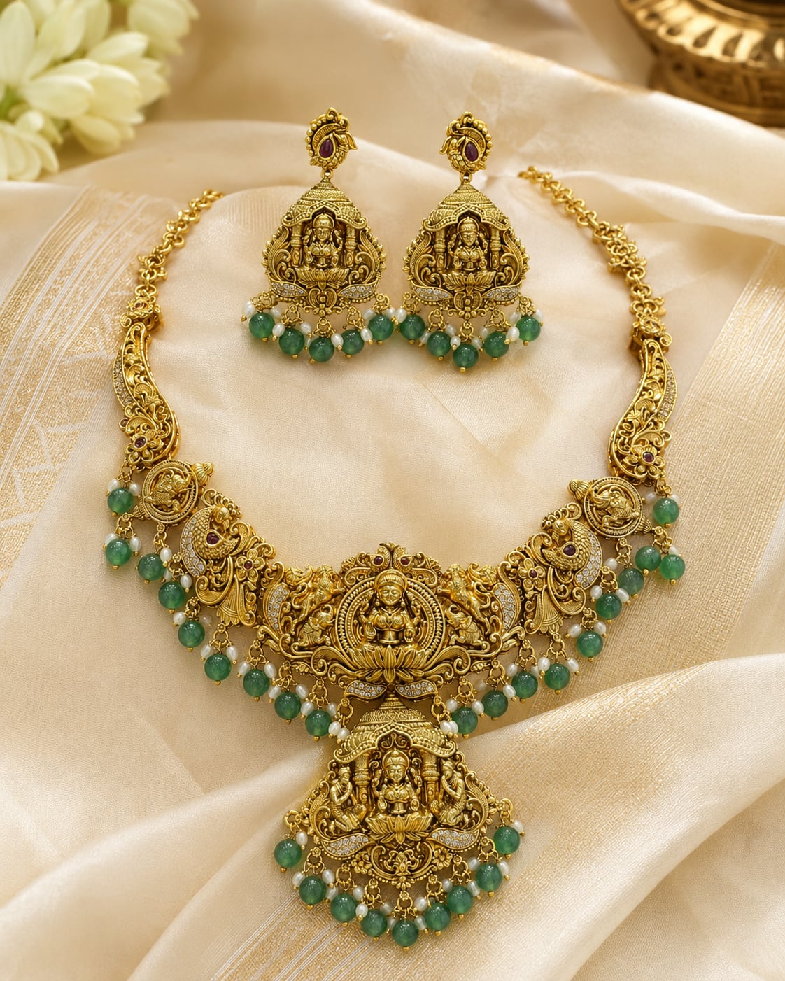 FeelOri emerald-tone necklace set with matching earrings styled with saree fabric for Indian occasion wear