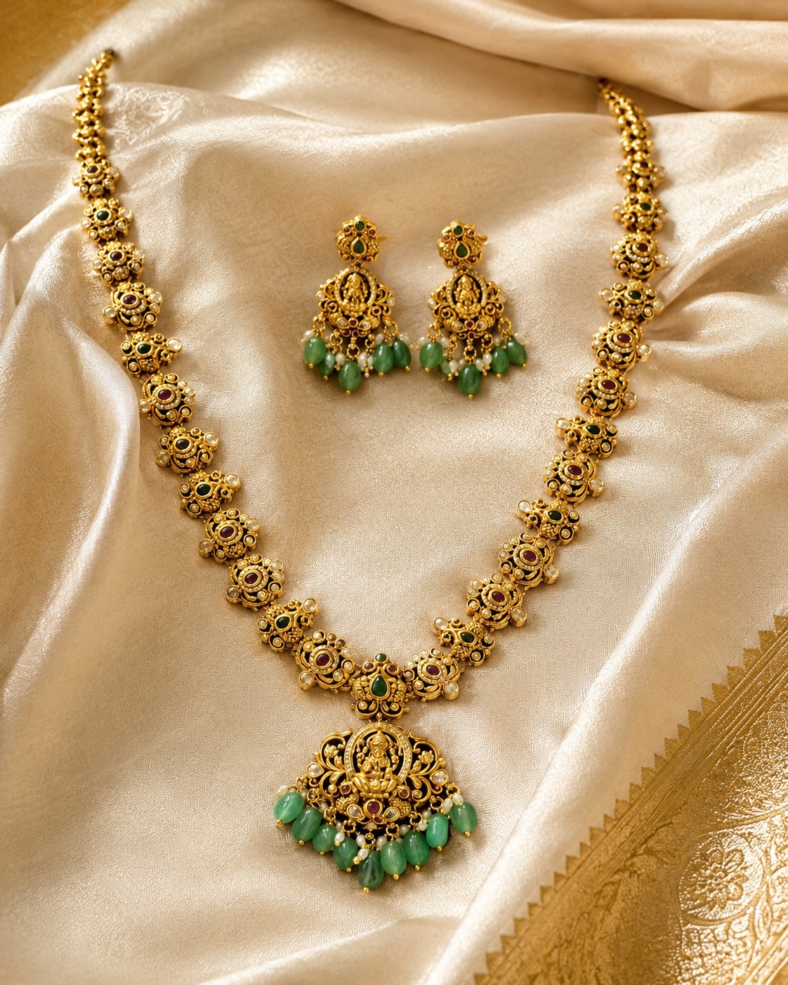 FeelOri emerald-tone necklace set with matching earrings styled with saree fabric for Indian occasion wear