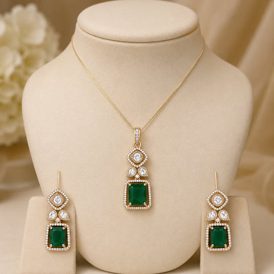 FeelOri Emerald AD/CZ Square Pendant Set for Receptions with matching earrings, front view