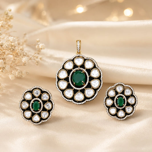 FeelOri Emerald AD/CZ Round Pendant Set for Receptions with matching earrings, front view