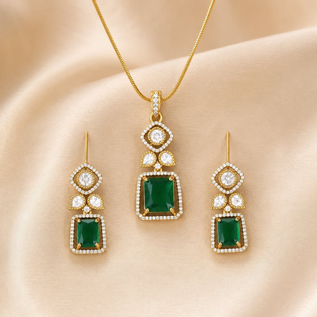 FeelOri emerald-tone pendant set for sarees and festive styling