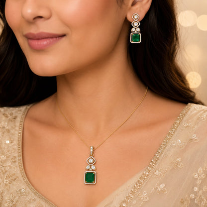FeelOri emerald-tone pendant set styled with Indian occasion wear