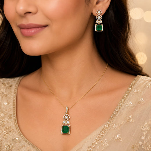 FeelOri Emerald AD/CZ Square Pendant Set for Receptions with matching earrings, jewellery display view