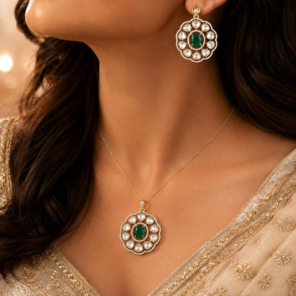 FeelOri emerald-tone pendant set styled with Indian occasion wear
