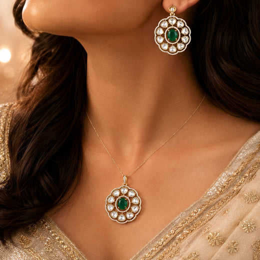 FeelOri Emerald AD/CZ Round Pendant Set for Receptions with matching earrings, jewellery display view