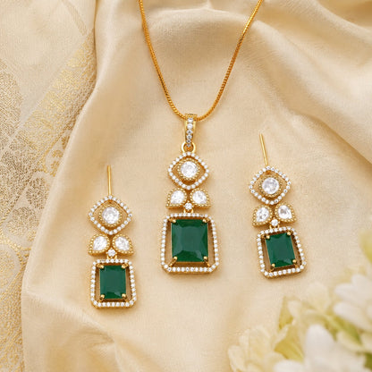 FeelOri emerald-tone pendant set styled with saree fabric for Indian occasion wear