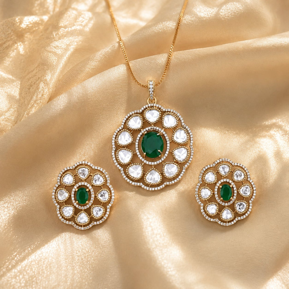 FeelOri emerald-tone pendant set styled with saree fabric for Indian occasion wear