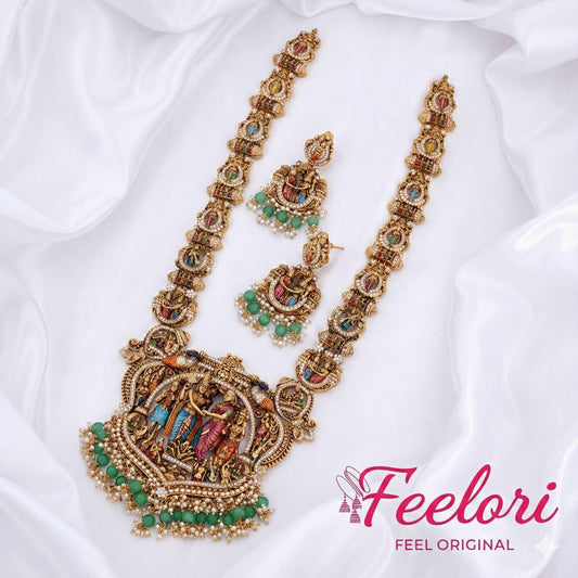 FeelOri Meenakari Temple Jewellery Necklace Set - Overhead view showing the complete long necklace and matching earrings laid out.