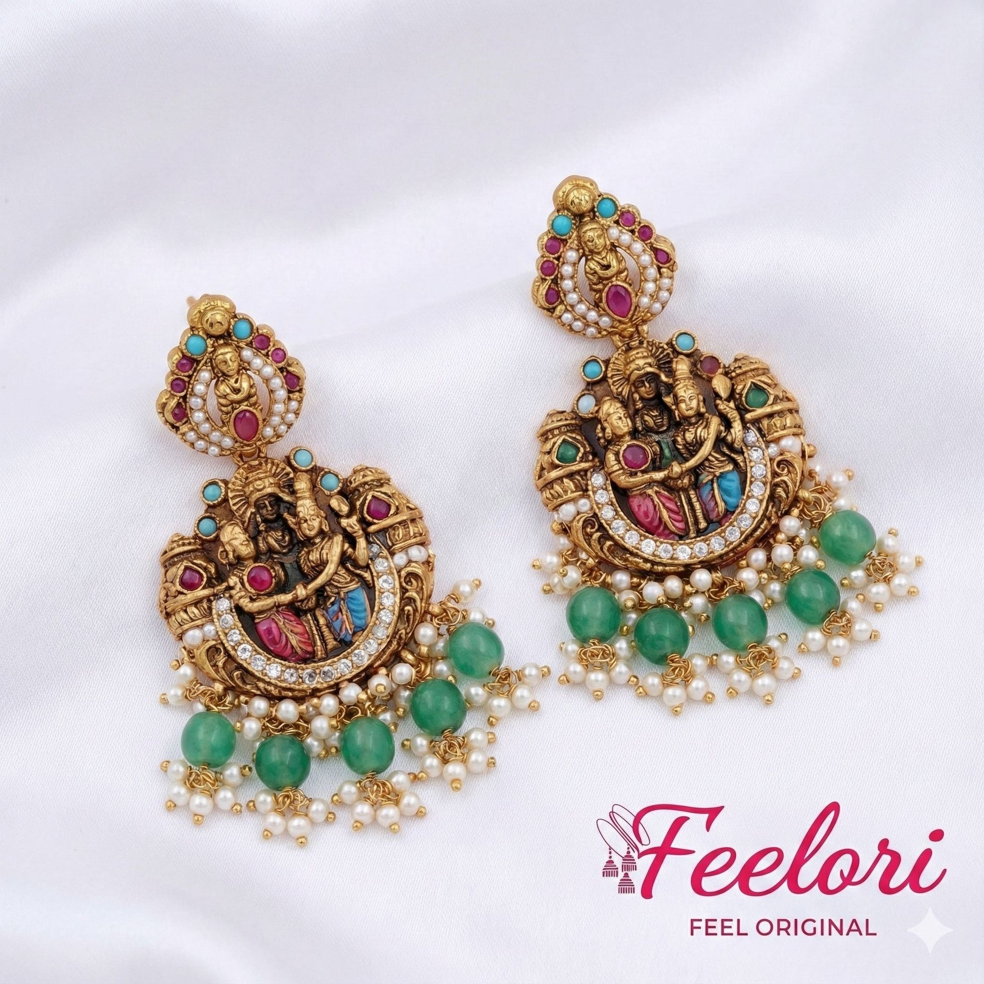 FeelOri Antique Meenakari Earrings - Close-up view of the matching Antique Temple Jewellery earrings with green beads and pearl detailing.