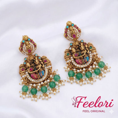 FeelOri Antique Meenakari Earrings - Close-up view of the matching Antique Temple Jewellery earrings with green beads and pearl detailing.